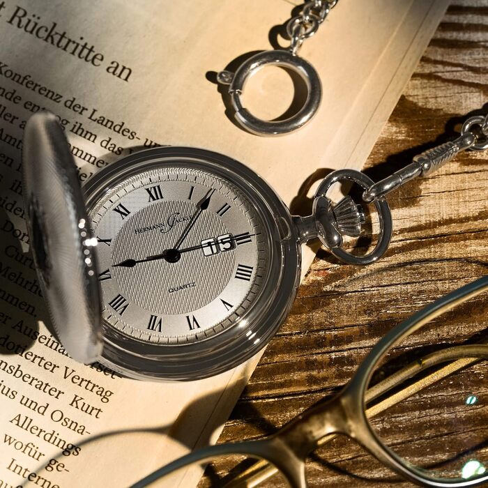 Чоловічий кишеньковий годинник Hermann Jäckle Koblenz II Big Date Quartz 50 мм з великою датою, ланцюжком та дорожнім футляром