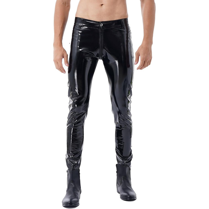 Чоловічі шкіряні лосини Wetlook з еластичною тканиною, обтягуючого крою, чорного кольору. Лосини з еластичною тканиною, обтягуючого крою, з кишенею, чорного кольору.