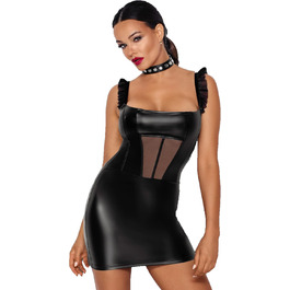 Чорне міні-плаття з ефектом лакового покриття ручної роботи Noir Knappes Damen Dessous з мереживом та блискавкою на спині, розмір S