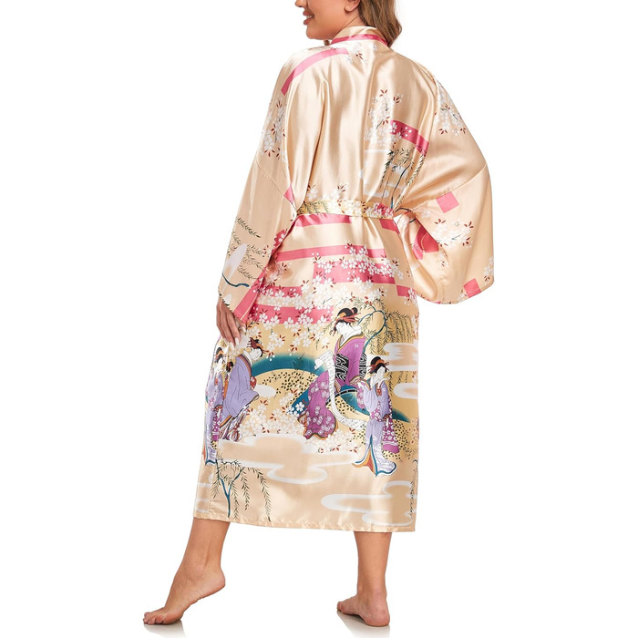 Халат кімоно для жінок, великі розміри, сатин, легкий, японський стиль, плюс сайз, халат для ванни, юката (Sakura Ukiyoe Champagne, XXL)
