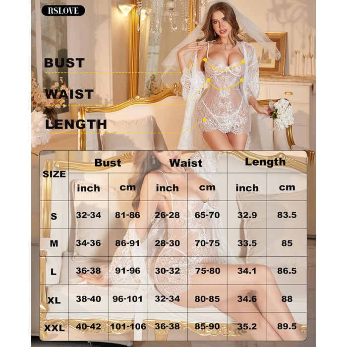 Комплект спідньої білизни RSLOVE Daen: мереживний набір 3 частини з T-подібним вирізом, нічна сорочка (S, білий)