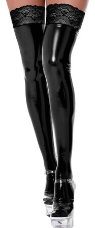 Чулки панчіхні жіночі високі над коліно з мереживом, лак шкіра, чорні. Сексуальний блискучий дизайн, антиковзаючі, для косплею, спідня білизна.