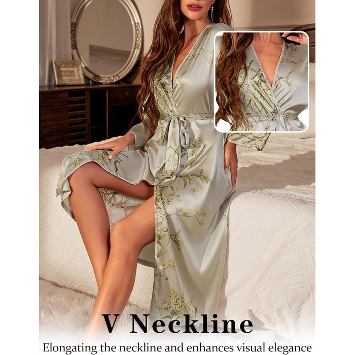 Халат жіночий FEOYA з шовковистого атласу, халат для дому, сексуальний халат з V-подібним вирізом, для вечірки, весілля, сімейного відпочинку (сірий, M)