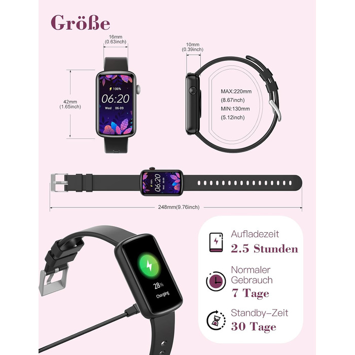 Смарт-годинник для жінок 1.47'' Fitness Tracker: моніторинг пульсу, SpO2, сну, крокомір, відстеження менструального циклу, сповіщення дзвінків та WhatsApp, сумісний з Android та iOS, чорний