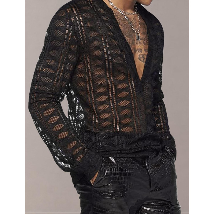 Чоловіча прозора сорочка з довгим рукавом Panegy, мереживна блуза, сітчаста сорочка, облягаючий крій, чорний, XS