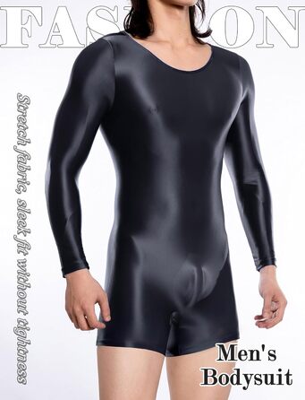 Чоловічий боді з прозорої тканини з довгими рукавами, бікіні-сліп, еластичний боді, глянцевий, шовковистий, комбінезон, чорний, XL