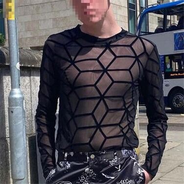 Чоловіча футболка Deepsko з сіткою, прозора, однотонна, з довгим рукавом