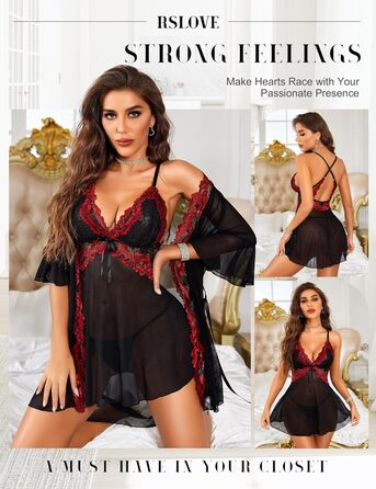 Халат жіночий мереживний RSLOVE, бандаж, babydoll, нічна сукня, чорний, винний