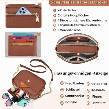 Жіноча сумка-кросбоді TEUEN з екошкіри, маленька елегантна сумка через плече з двома знімними ременями (широким та ланцюжком) та 4 відділеннями для карток, коричнева