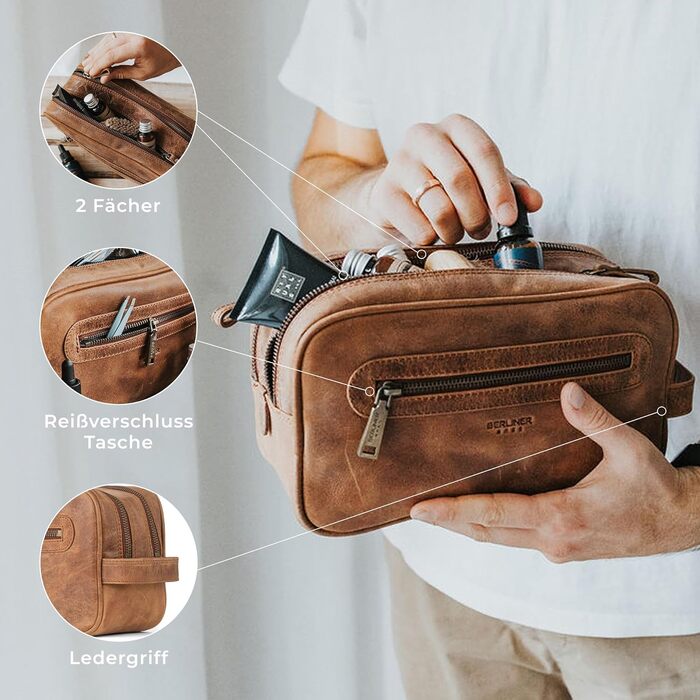 Шкіряна косметичка для подорожей Berliner Bags Vintage Kulturbeutel Max, велика сумка для гігієни з 2 відділеннями, унісекс, колір коричневий камель