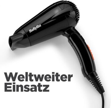 Складаний дорожній фен BaByliss Travel Folding 2000W з універсальною напругою, 2 режими температури та швидкості, чорний/помаранчевий, 5334E