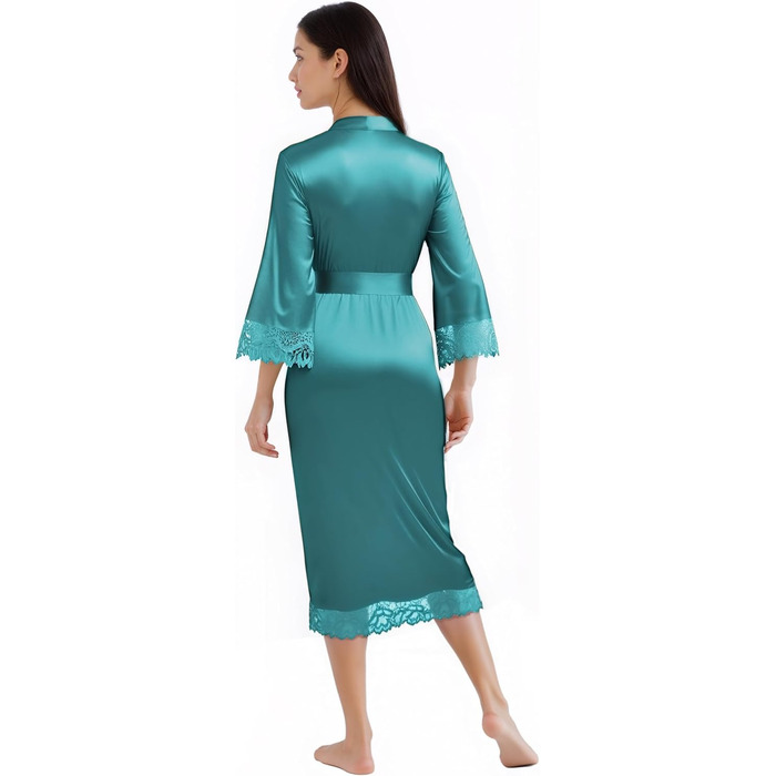 Халат жіночий довгий/короткий однотонний мереживний, шовковий сатин, кімоно, для дому, літній, BABEYOND, універсальний розмір (єдиний розмір, блакитний павич)