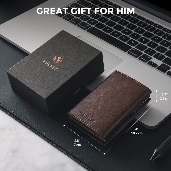 Шкіряний картхолдер VULKIT з RFID-захистом, pop-up механізмом, відділенням для купюр та віконцем для ID, колір Espresso