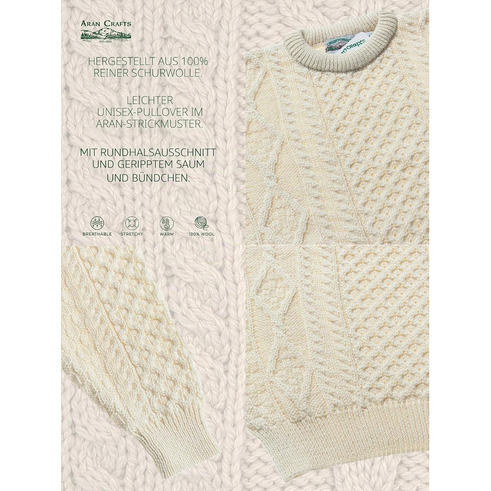 Свитер Aran Craft Iricher з круглим вирізом, 100% чиста шерсть, чорний (XXL, Ecru)