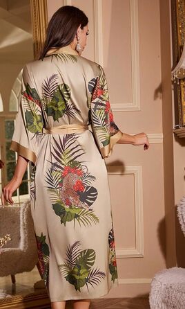 Домашній халат-кімоно з атласу, довгий, з квітковим принтом. Ідеальний для вечірки, весілля або спа-процедур. Розмір універсальний, колір: шампань, принт: тропічний джунглі