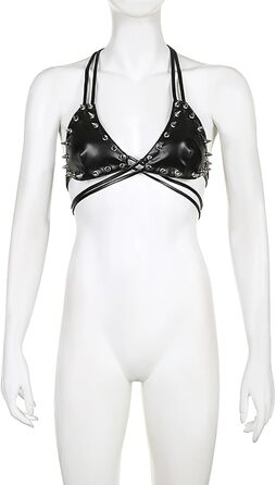 Топ FlyCC Rave з PU-шкіри для жінок: бралетт, рімінці, кроп-топ, ідеально для вечірок, танців та музичних фестивалів (чорний)