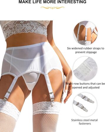 Набір стрічок для панчіх Ohyeah з високою талією, мереживо, сітка, ремінці з 6 металевими кліпсами, білий/розкішний сад, XS-S