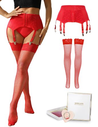 Гарний жіночий пояс-стріптіз з широкою стрічкою, мереживом та 6 регульованими кліпсами. Комплект спідньої білизни для пишних жінок. Пояс-стріптіз з високою талією, хосенятники. Розміри 3XL-4XL, 2 шт. (червоний), панчохи та коробка.
