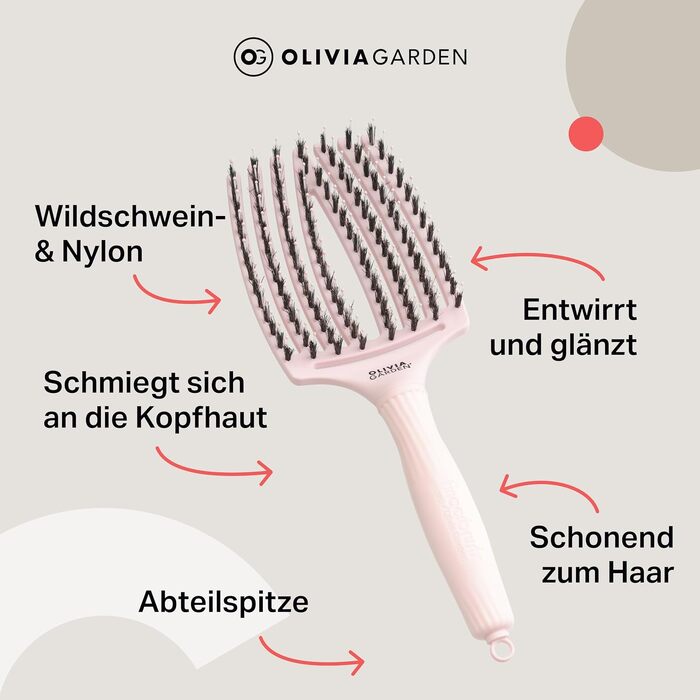 Щітка для волосся Olivia Garden Fingerbrush Care Iconic з щетиною кабана та нейлоном для гладкого стайлінгу та блиску, Large, Pastel Pink