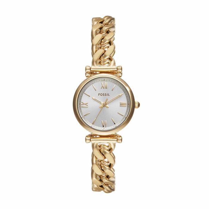 Жіночий кварцовий годинник Fossil Carlie золотистого кольору з білим циферблатом та сталевим браслетом, 28 мм