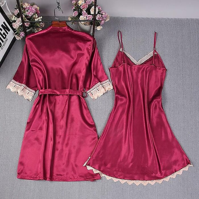 Жіночий халат-кімоно з мереживом, довгий халат, нічна сорочка з довгим рукавом, нічна сорочка-бабідолл, комплект (червоний, L)