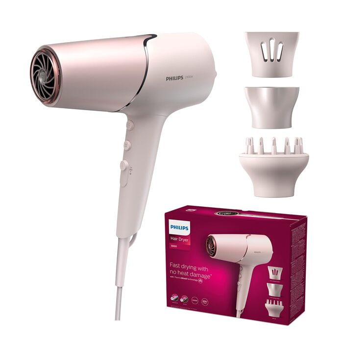 Фен для волосся Philips 5000 Series BHD530/20 з технологією ThermoShield, дифузором для об'єму та насадками-концентраторами 9 та 11 мм, колір перламутр