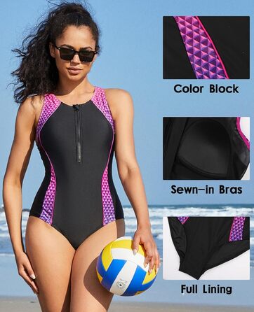 Купальник жіночий Charmo Sport з животом, закритий на блискавку, з чашками, чорний/фіолетовий (S)