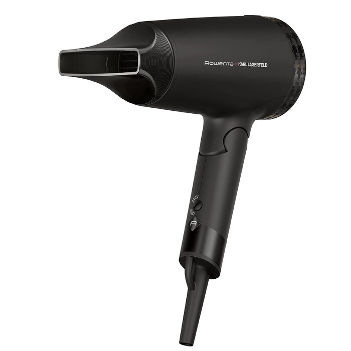 Компактний дорожній фен Rowenta x Karl Lagerfeld CV184L Express Style, чорний — складаний, ультралегкий, з функцією Glanz-Booster та Dual-Volt