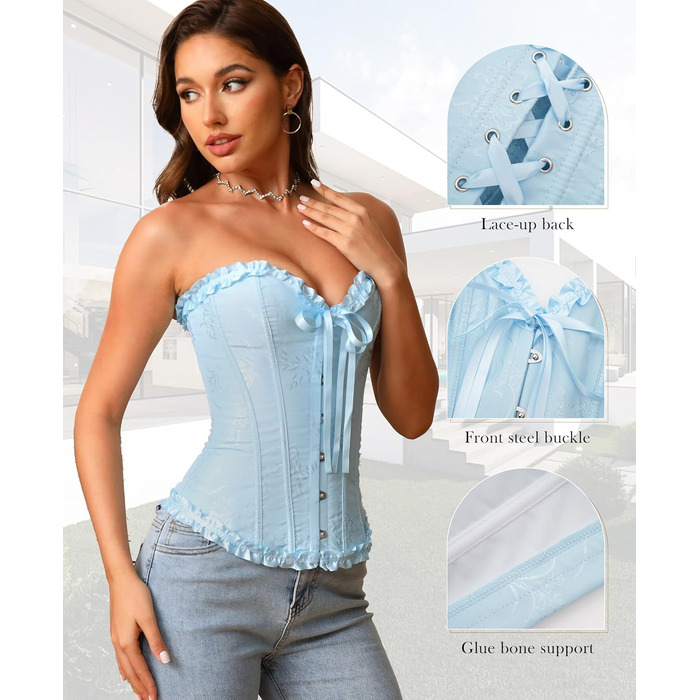 Корсет для жінок - бюстєль-корсет, топ - для великої груди, шнурівка, талія, спідня білизна - квітковий принт, блакитний колір, розмір S