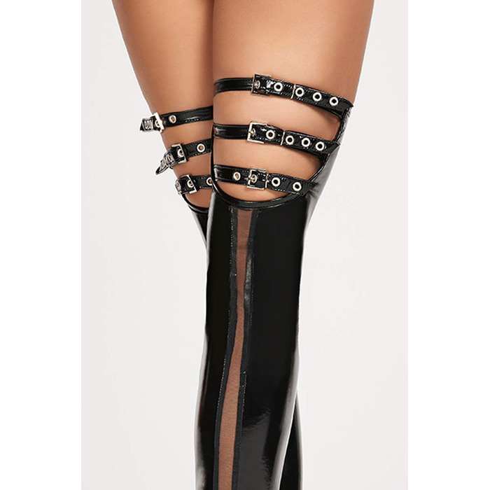 Чорні еротичні мереживні панчохи 7Heaven з вінілу та тюлю з пряжками, S-M