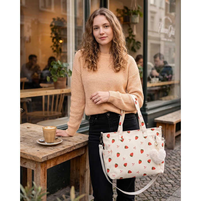 Жіноча сумка-шопер Makukke Cord Tote Bag: велика сумка через плече з вельвету для роботи, офісу та подорожей (середній розмір, колір полуниця)