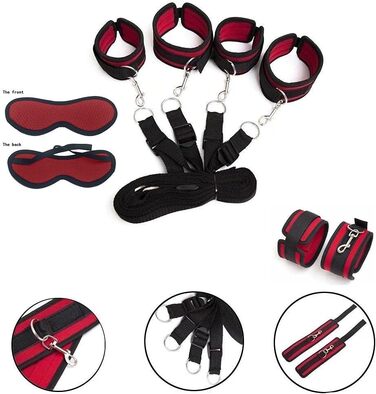 Набір для БДСМ з обмеженням: набір для пар, з кріпленнями для ліжка, наручниками, пов'язкою на очі. Червоний колір