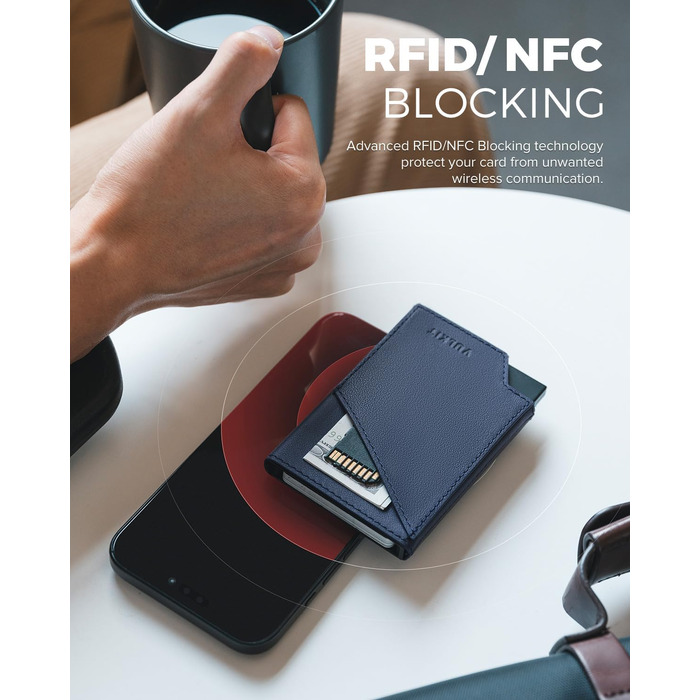 Чоловічий гаманець-картхолдер VULKIT Pop-up з RFID-захистом, металевий слімак з натуральної шкіри корови для кредитних карток, купюр та монет, темно-синій