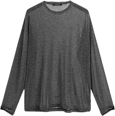 Чоловіча сітчаста футболка з довгим рукавом, прозора, сексуальний стиль, streetwear, для вечірок та клубів, срібна, 3XL