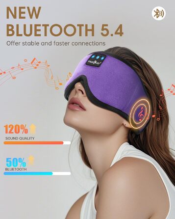 Маска для сну з Bluetooth-навушниками MUSICOZY, 3D затемнення 100%, м'яка пов'язка для сну та медитації, версія Bluetooth 5.4, 16 годин роботи, лавандовий колір