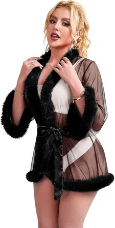 Кимоно Sunushinelady для жінок: коротка, сексуальна нічна сорочка з пір'ям, прозора, великі розміри, babydoll, з поясом, пляжний халат, неглиже, спідня білизна, чорний, XS-S