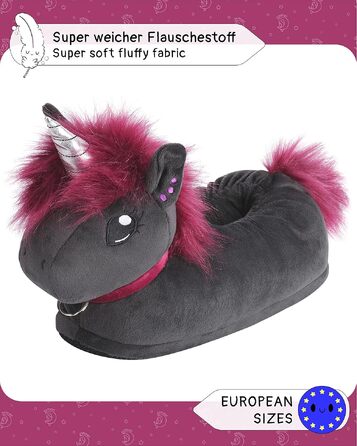 Плюшеві капці для дому corimori Ruby das Punk Einhorn (Єдиноріг), чорно-рожеві, гнумка підошва, розмір 34-44 EU