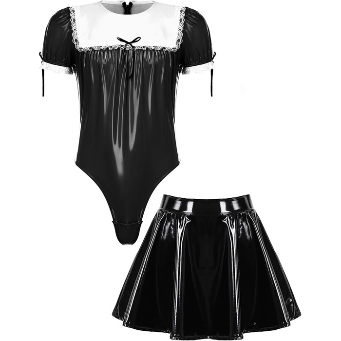 Костюм покоївки CHICTRY для чоловіків: чорний латексний боді з міні-спідницею та стоячим коміром, костюм для косплею