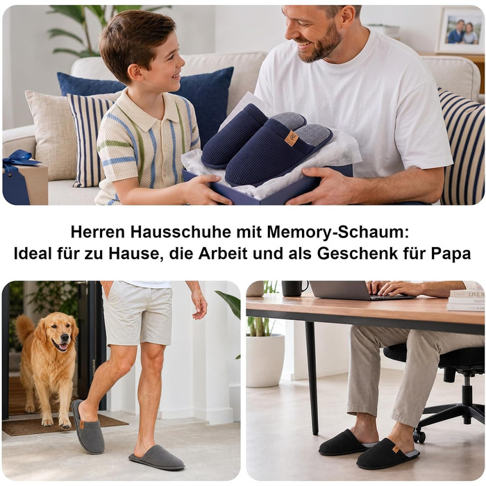 Чоловічі домашні капці VeraCosy з вельвету та ефектом пам'яті Memory Foam, дихаючі та м'які, розмір 44/45, чорні
