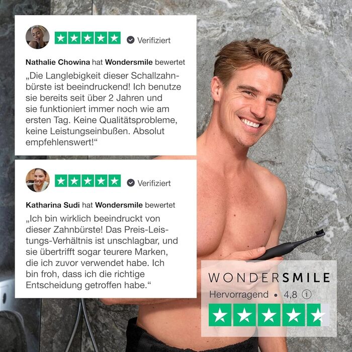 Електрична зубна щітка WonderSmile Schallzahnbürste Pro IPX8, 4 режими роботи, з зарядною станцією та смарт-насадкою, Ultimate Black