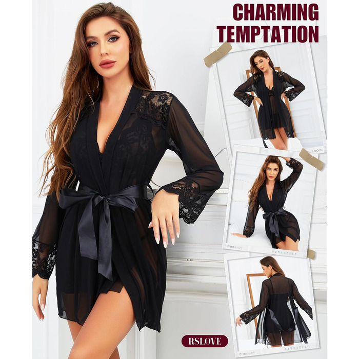 Комплект ніжної нічної сукні та халату RLOVE для жінок (M, чорний)