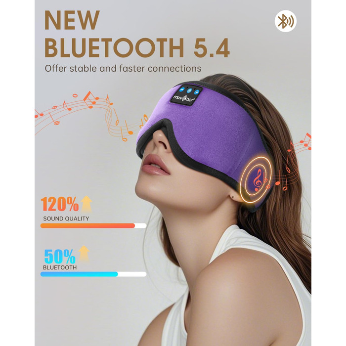 Маска для сну з Bluetooth-навушниками MUSICOZY, 3D затемнення 100%, м'яка пов'язка для сну та медитації, версія Bluetooth 5.4, 16 годин роботи, лавандовий колір
