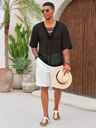 Чоловіча літня сорочка Runcati, шнурівка, V-подібний виріз, напіврукав, в'язана, мереживна, прозора, чорна, розмір L