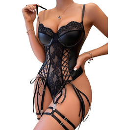Сексуальний комплект спідньої білизни з екошкіри для жінок: еротичний нігліж та боді, чорний, S-XL