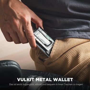 Шкіряний чоловічий картхолдер VULKIT з металевим затискачем для грошей, Slim гаманець з RFID захистом для 12–15 карт, чорний ретро-шкіра