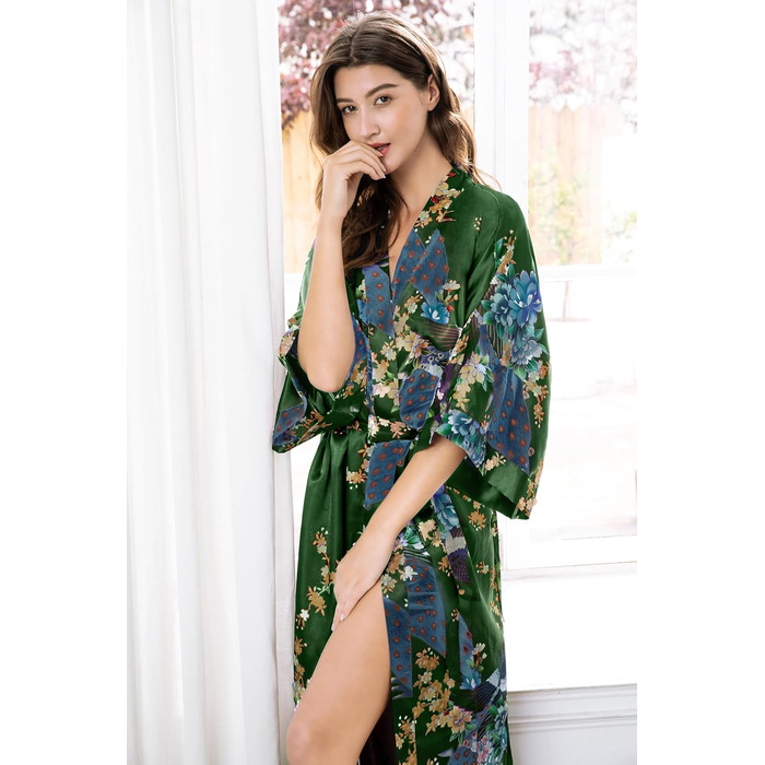 Халат жіночий шовковий, максі, літній, з квітковим принтом, кімоно, довгий, для дому, вечірки, універсальний розмір, бронзово-зелений