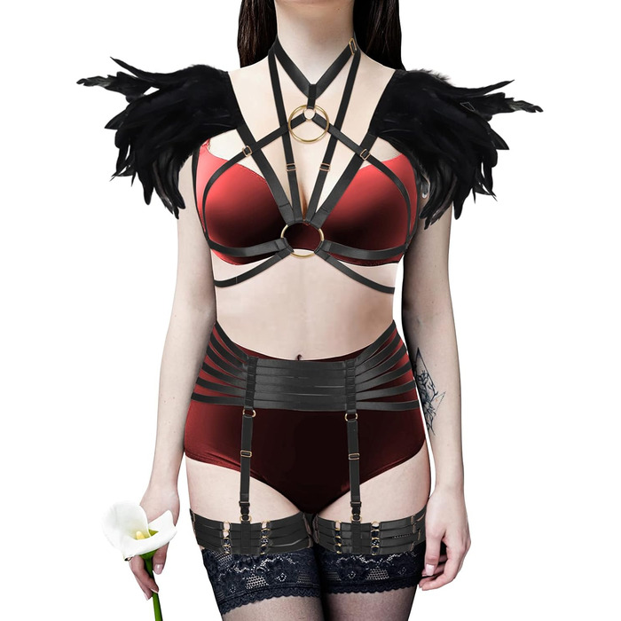Набір пір'я для жінок PETMHS: корсет, бюстгальтер, клітка, готичний стиль, карнавал, фестувал, костюм (чорний, довгий)
