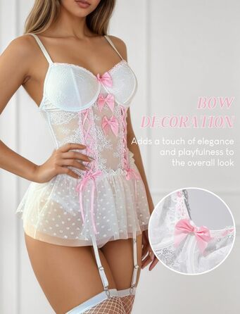 Комплект жіночої білизни FEOYA: мереживний боді, корсет, трусики, панчохи - білий, розмір M