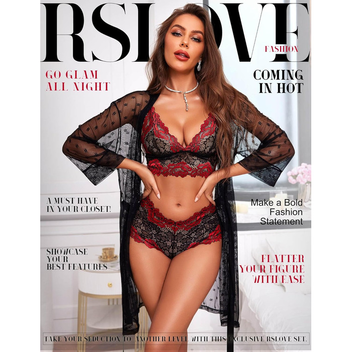 RSLOVE Комплект сексуальної білизни 3 частини: мереживний кімоно, бюстгальтер та труси (S, чорний, червоний)