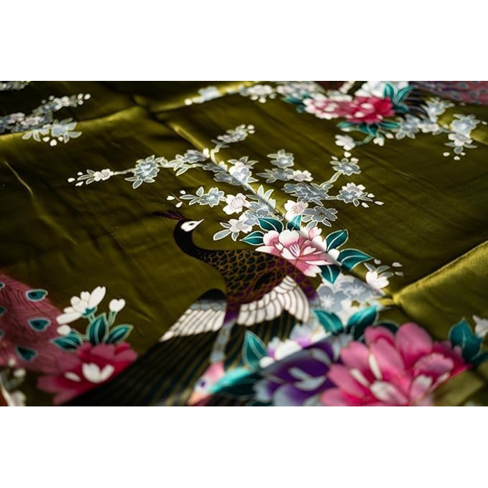 Халат жіночий CCcollections з атласу з принтом павича, V-подібний виріз, 3/4 рукав, оливковий зелений (універсальний)